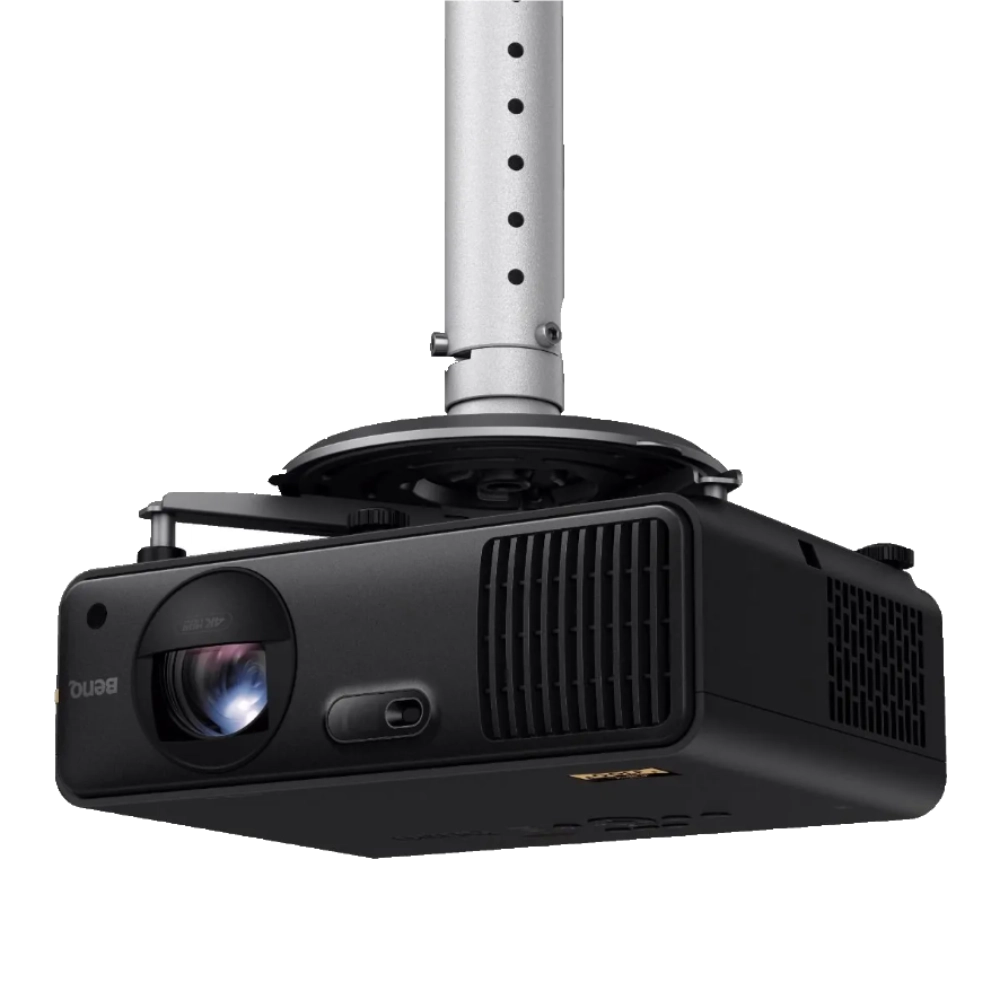 Ceiling-mounted BenQ AK700ST 4K laser projector on adjustable drop bracket by Golf Sim Solutions, UK Authorised BenQ Partner