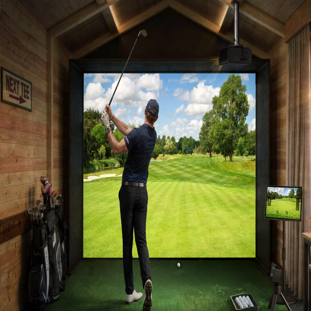 BenQ AK800ST 4K laser golf simulator projector ceiling mounted in a garden room studio