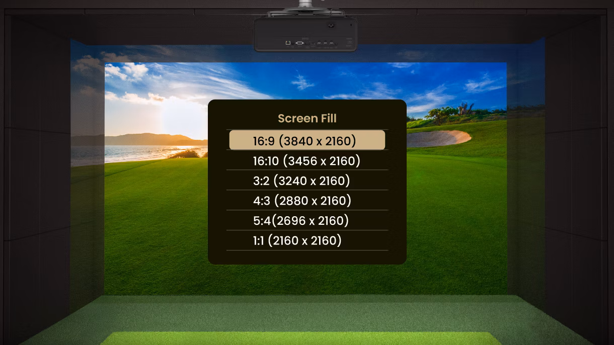 BenQ projector 'Screen Fill' menu displaying selectable aspect ratios like 16:9, 4:3, and 1:1 within a golf simulator environment